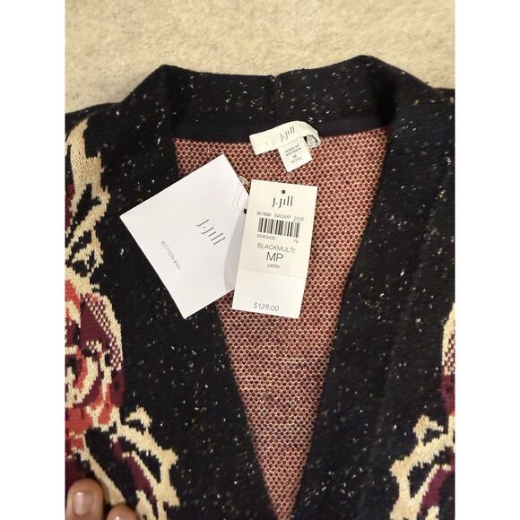 J. Jill Black Red Tan Floral Print Long Button Cardigan Medium Petite MP NEW - Picture 3 of 4